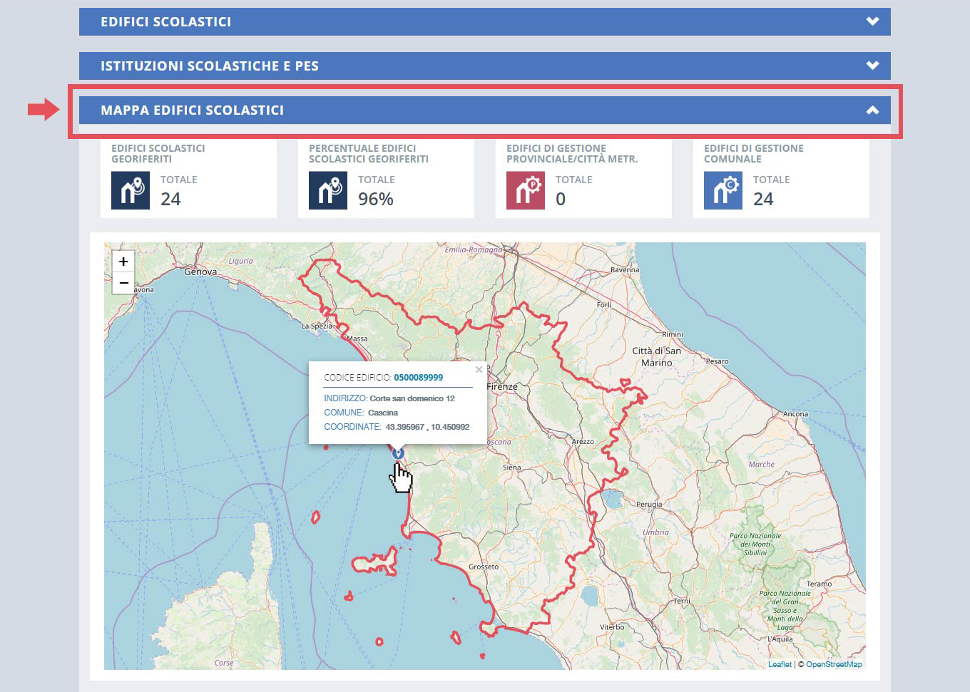 immagine pagina dashboard, finestra mappa edifici scolastici, specifiche edificio su mappa