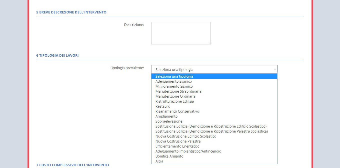 immagine pagina Sezione H1 investimenti effettuati, scheda per l'inserimento del finanziamento