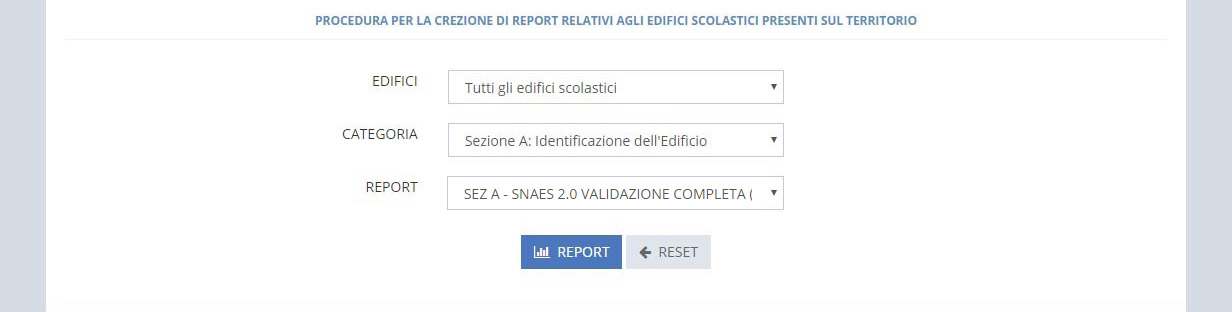 immagine pagina reportistica, finestra ricerca tramite edifici, categoria, report