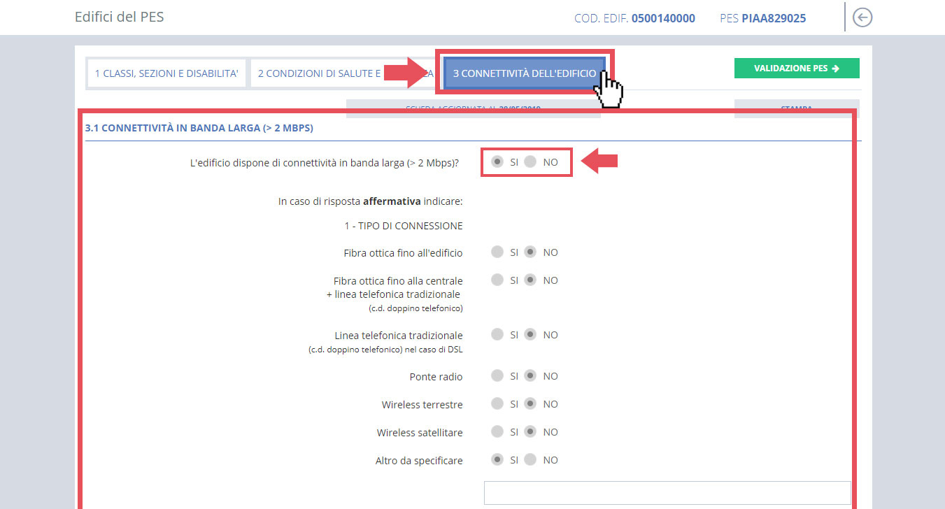 immagine pagina edifici del pes, 3 connettività dell'edificio, risposte affermative