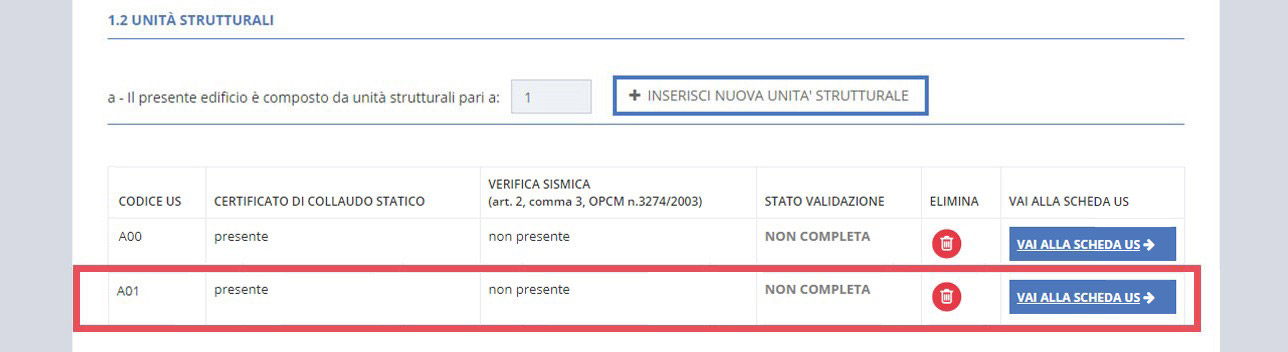 immagine pagina sezione B1 ubicazione, punto 1.2 unità strutturali, creazione nuova scheda