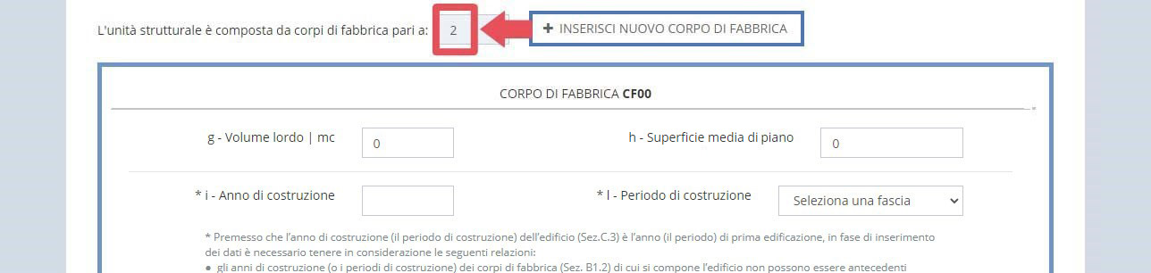 immagine pagina sezione B, scheda unità strutturale, indicazione numero corpi di fabbrica dell'unità strutturale