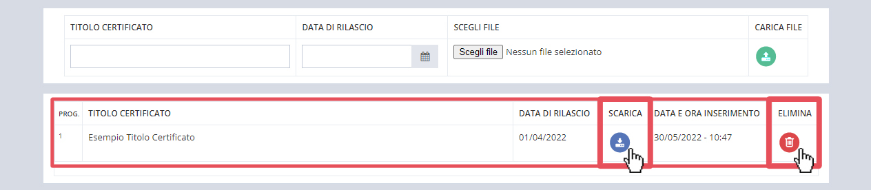 immagine pagina caricamento file certificati, pulsante scarica e elimina