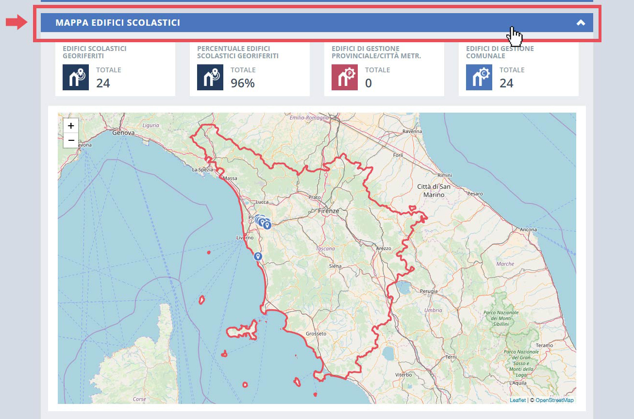 immagine pagina dashboard, finestra mappa edifici scolastici