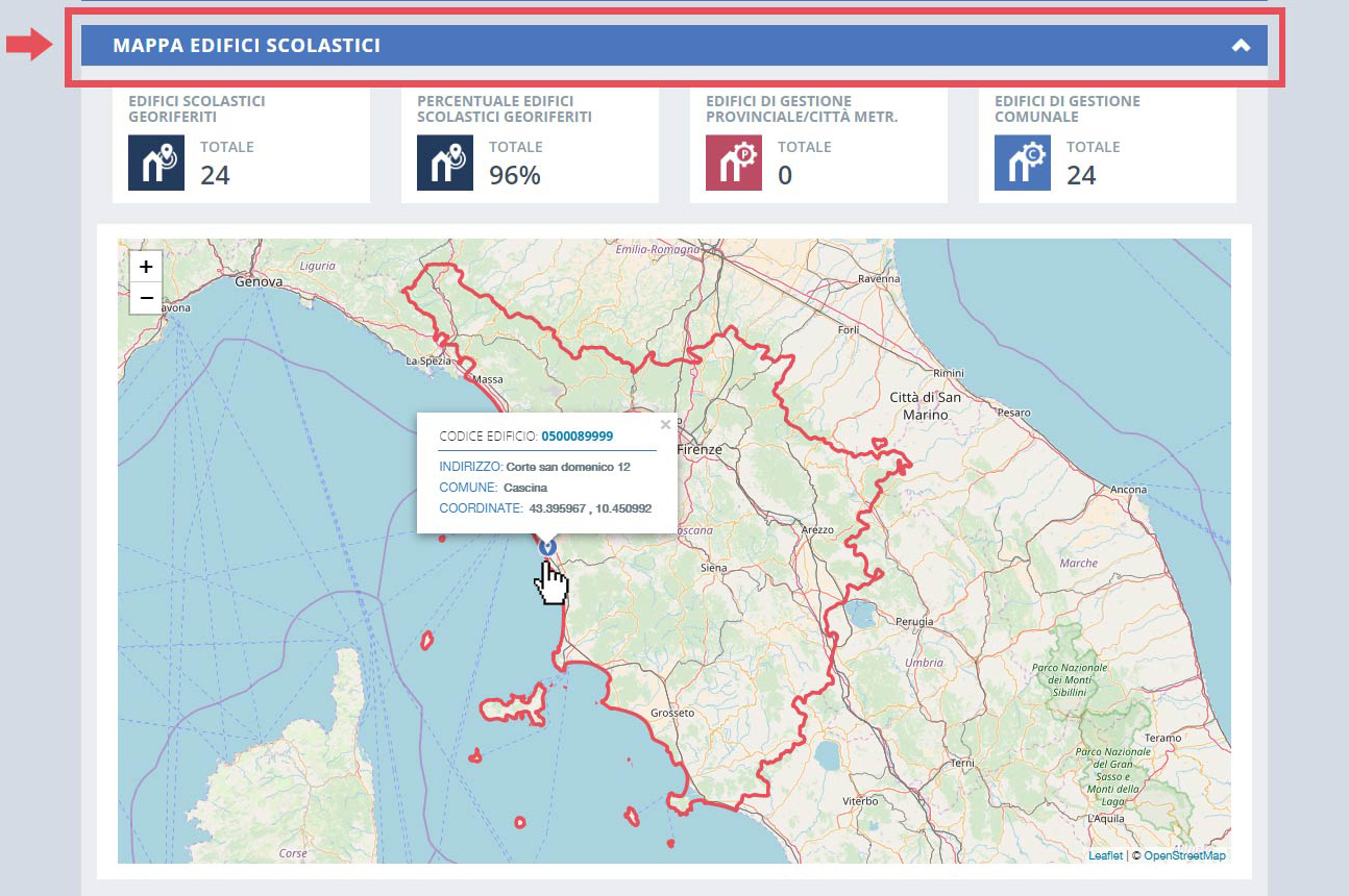 immagine pagina dashboard, finestra mappa edifici scolastici, specifiche edificio su mappa