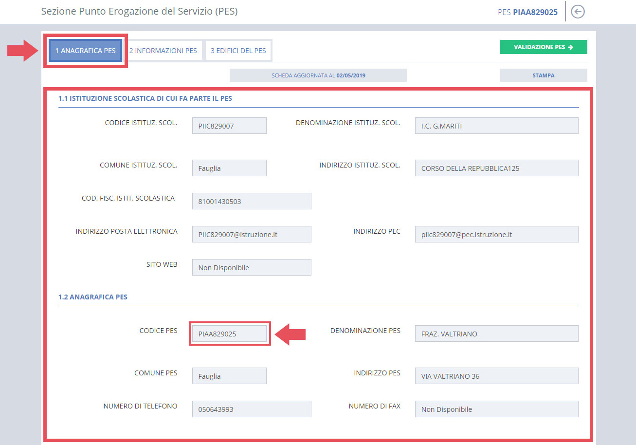immagine pagina sezione punto erogazione del servizio (PES), 1 anagrafica pes