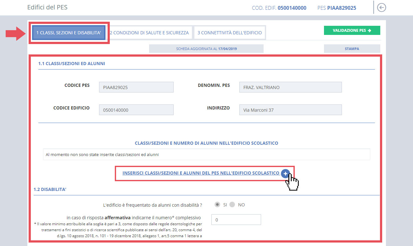 immagine pagina edifici del pes, 1 classi sezioni e disabilità