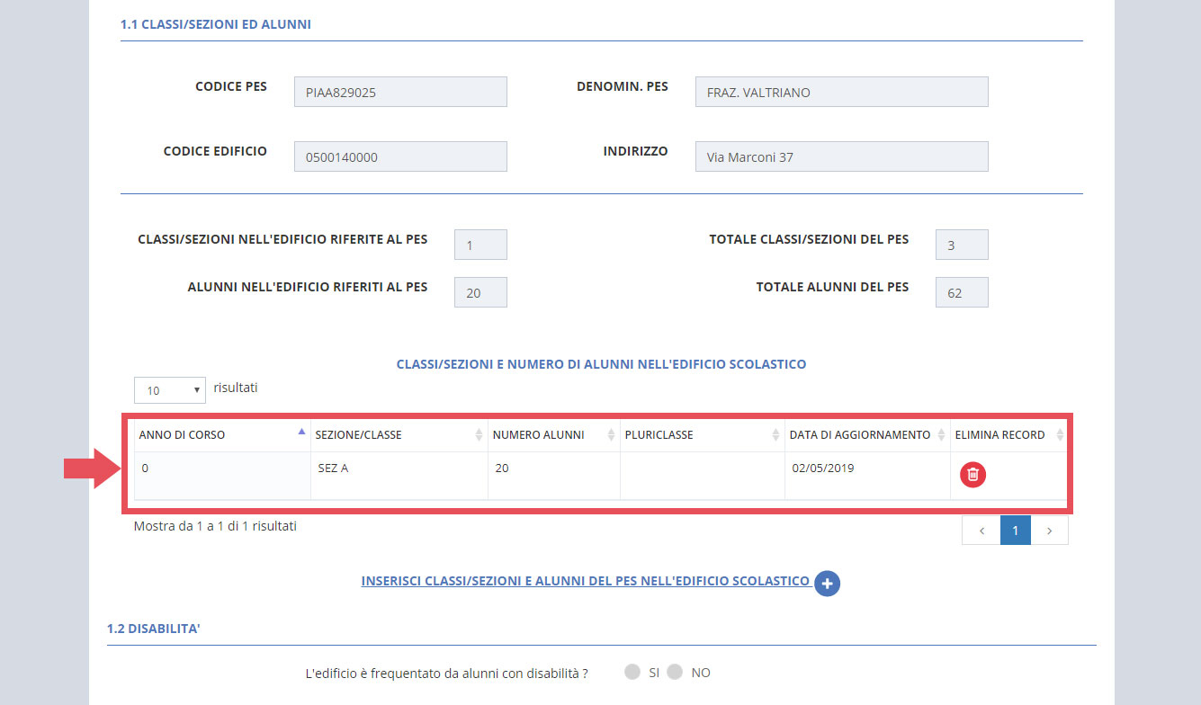 immagine pagina edifici del pes, 1 classi sezioni e disabilità, punto 1.1 classi/sezioni ed alunni 