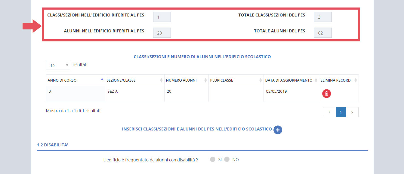 immagine pagina edifici del pes, 1 classi sezioni e disabilità, punto 1.1 classi/sezioni ed alunni, indicazioni totali sezioni/classi