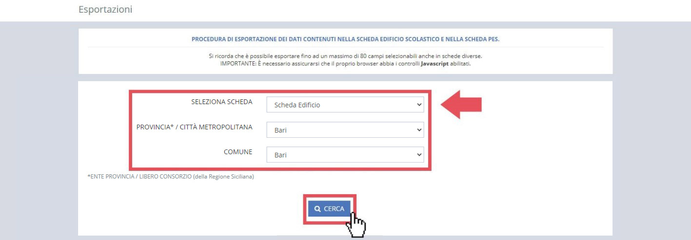 immagine pagina esportazioni, finestra ricerca tramite scheda, provincia/città metropolitana, comune, gestore