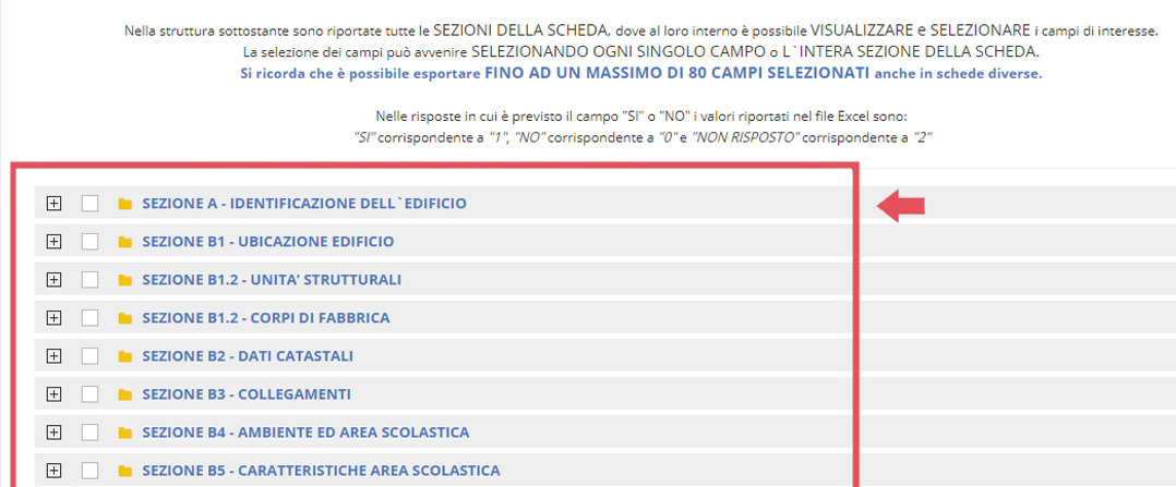 immagine pagina esportazioni, alberatura sezioni