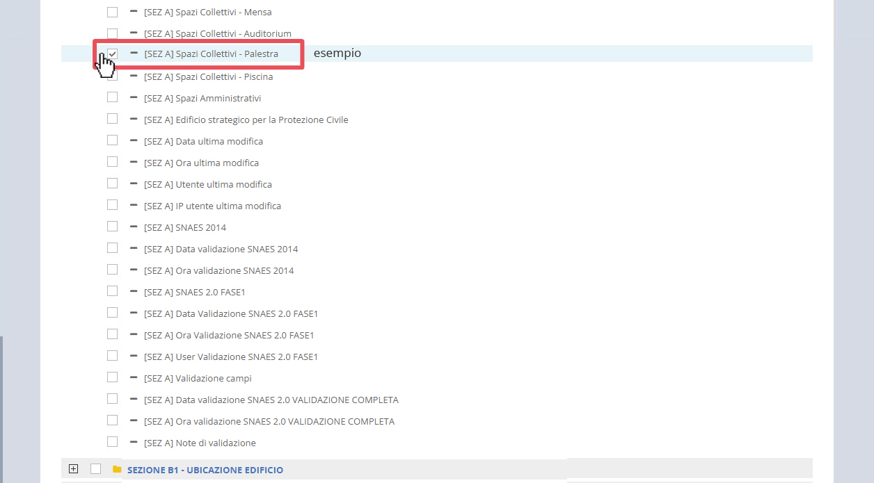 immagine pagina esportazioni, alberatura sezioni, iucona +, selezione di alcune sottosezioni