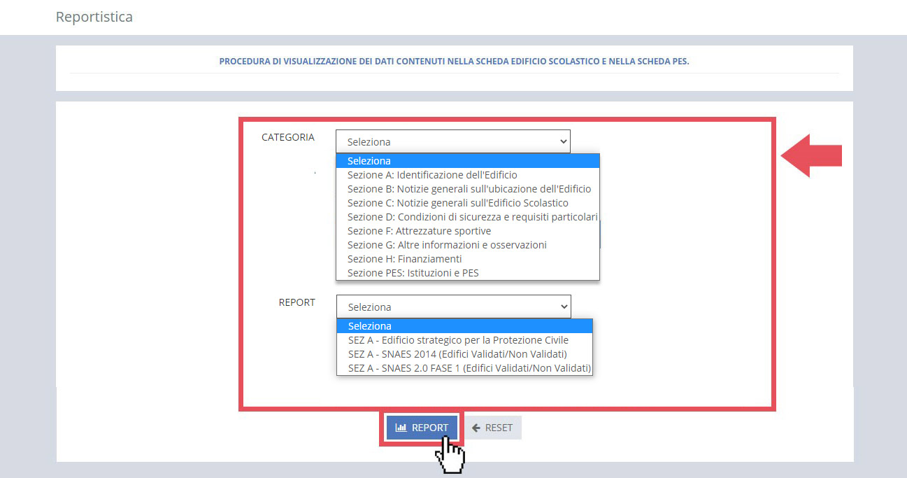 immagine pagina reportistica, finestra ricerca tramite edifici, categoria, report