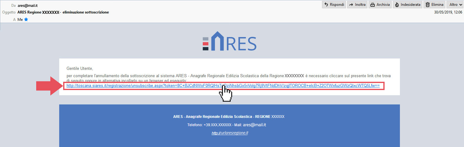 immagine mail con collegamento per completare l'operazione di eliminazione dell'account
